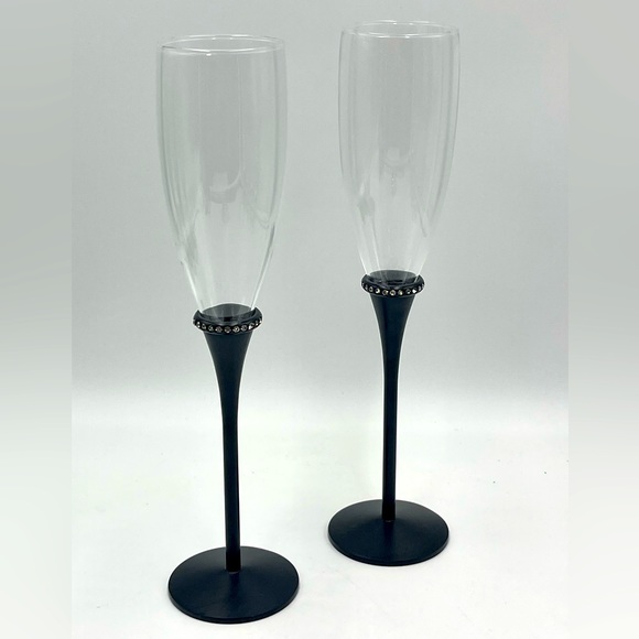 Set of 2 - Deco Glam Glass Champagne Flutes with Black Metal Stem & Rhinestones - Picture 1 of 14